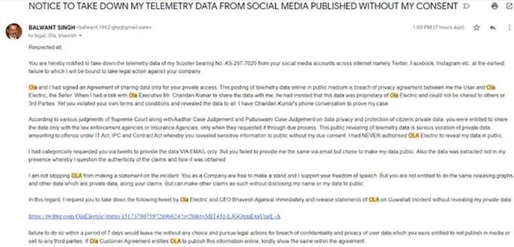 ola electric legal message Balvant Singh