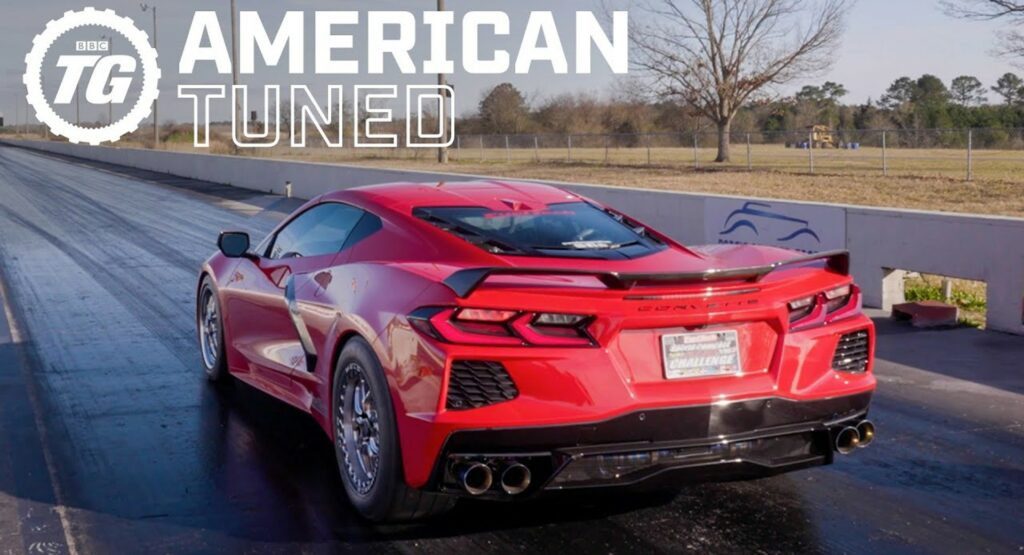 Rob Dam drives the 1350 HP Twin-Turbo C8 Corvette, which embarrasses the plaid Tesla