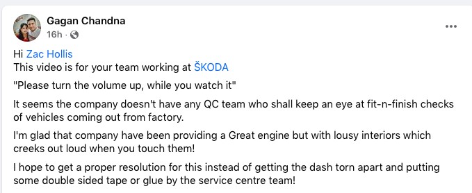 Skoda Slavia owner Zack Hollis is shown quality control issues