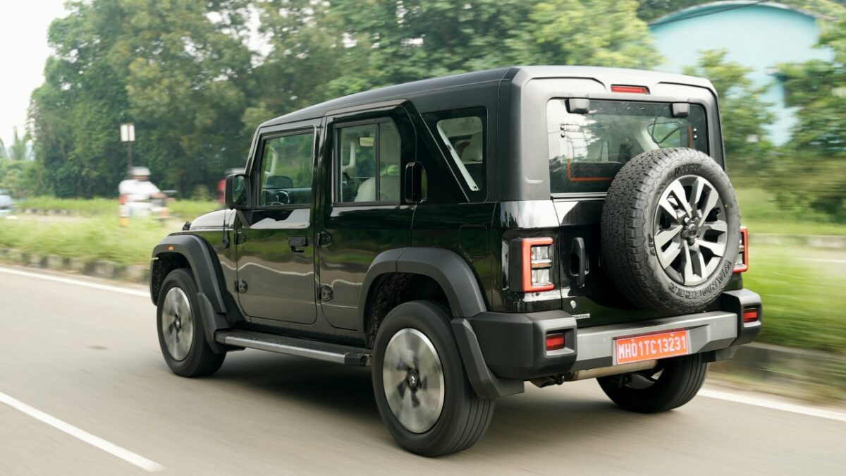 Mahindra Thar Roxx Test Drive Review Action Shot Rear Three Quarters Black